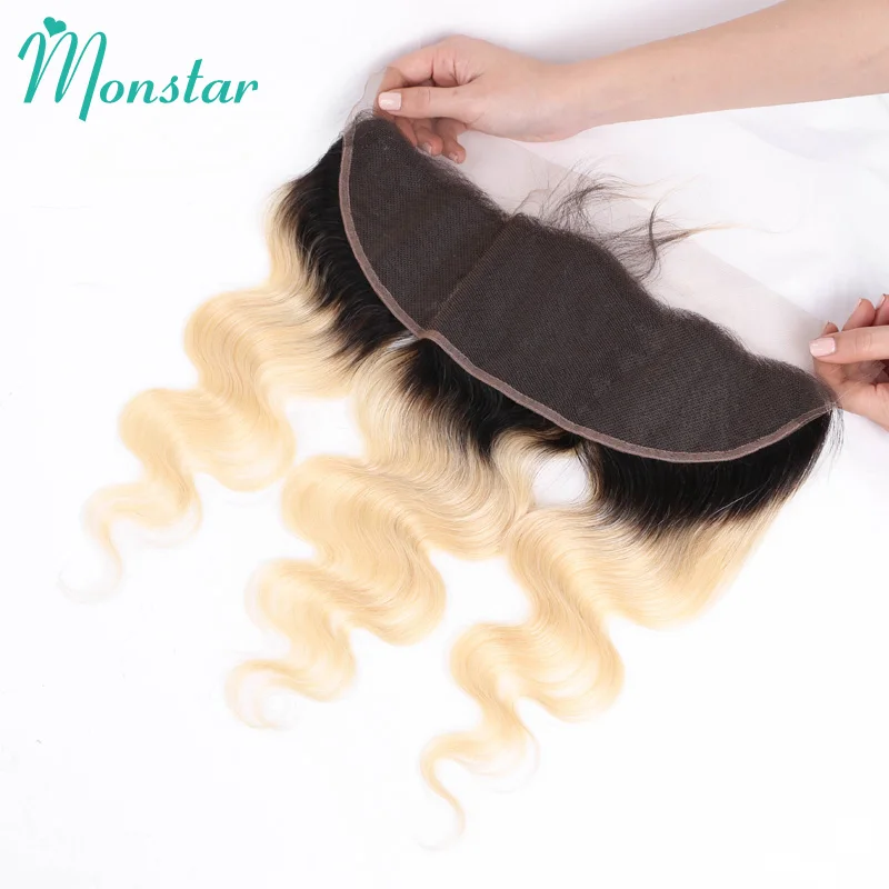 Monstar Remy Braziliaanse Haar 13X4 1B 613 Donkere Wortel Ombre Blond Body Wave Volledige Kant Frontale Sluiting Oor Tot Oor met Baby Haar