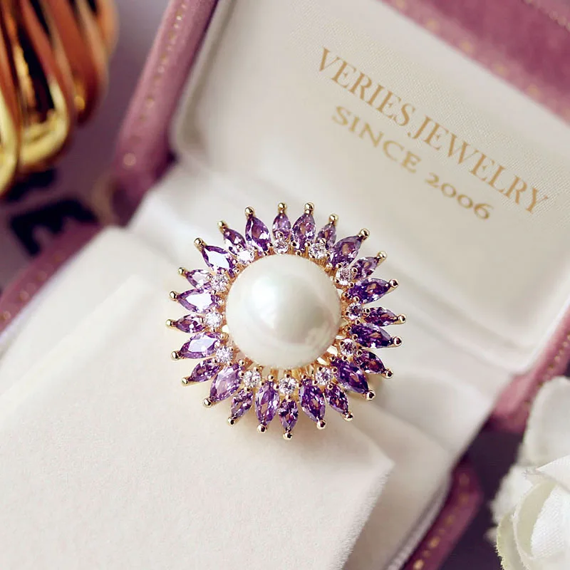 Fashion Big Sun flower Rings Full Dreamy Purple Cubic Zirconia stone setting arround wedding Party Jewelry For Women Accessories