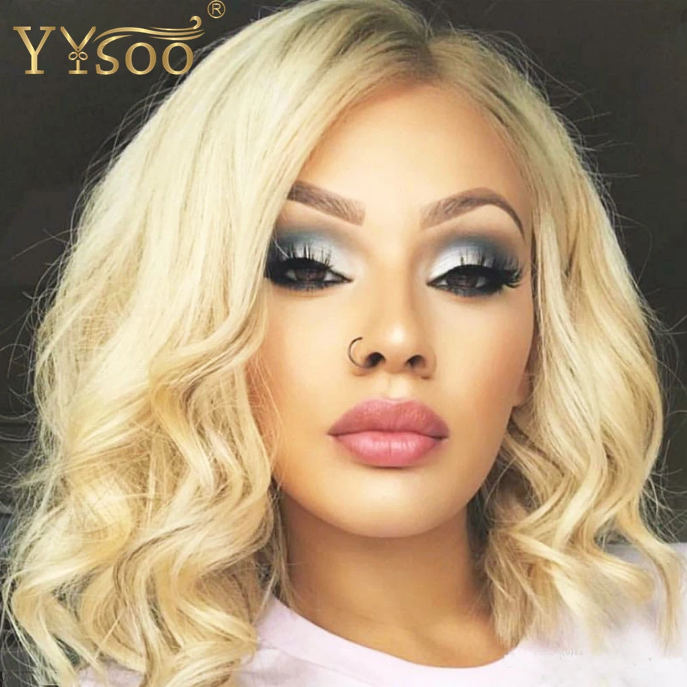 YYsoo13x4 Short 613 Blonde Color Synthetic Lace Front Wigs Futura Heat Resistant Glueless Replacement Body Wave Wig Side Part