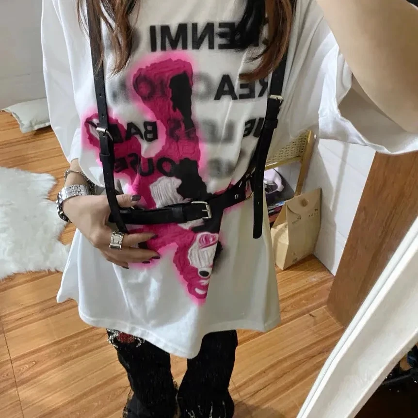 Gothic Bear Letter Graffiti Print Street Women Cotton Short Sleeve T-shirts Harajuku Hippie Baggy Korean Fashion Blouses Female