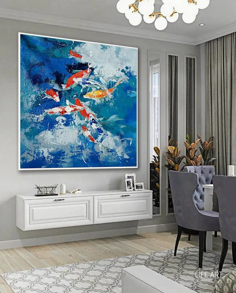 Thick Colorful Palette Knife Acrylic Abstract Artwork Painting Extra Large Oversize Square Modern Wall Art Gray Turquoise Blue