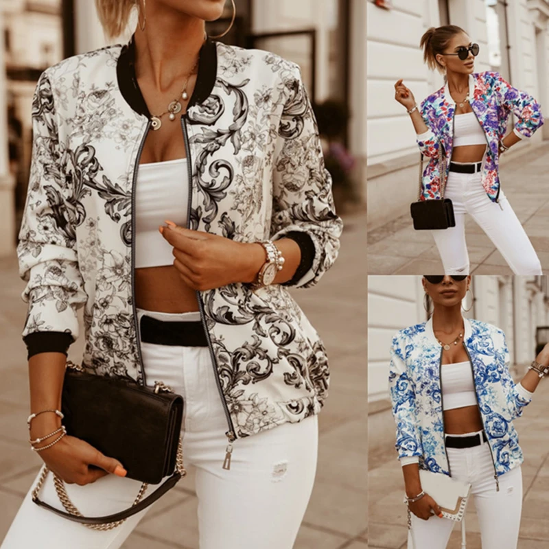 Fashion Flower Print Long Sleeve Women\'s Bomber Jacket  Zipper Up Vintage Coat Tops Elegant Slim Basic Ladies Jackets 4 Color