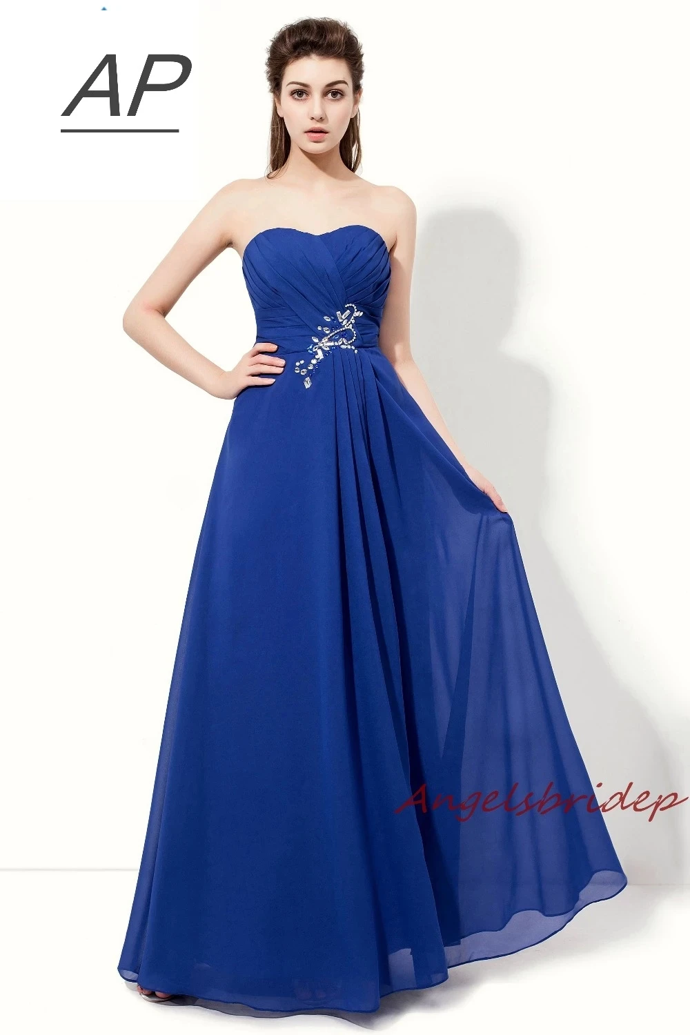 Angelsbridep Royal Blue Chiffon Long Bridesmaid Dresses Vestido De Festa Sweetheart Crystals Natural Waist Formal A-line Gown