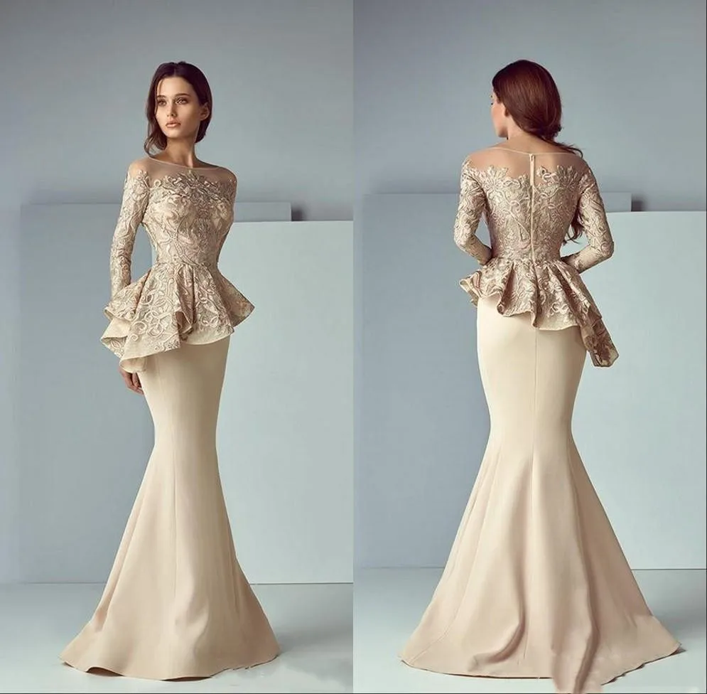 ดูไบคำแชมเปญลูกไม้ Stain Peplum Mermaid ชุดเจ้าสาวยาว Sheer คอยาวชุดราตรี Gowns อย่างเป็นทางการ