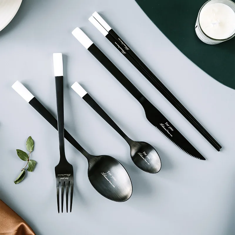 

Stainless Steel Spoon and Chopsticks Set, Steak Knife, Simple European Spoon, Mirror Polish, Flatware,Black and White Letters