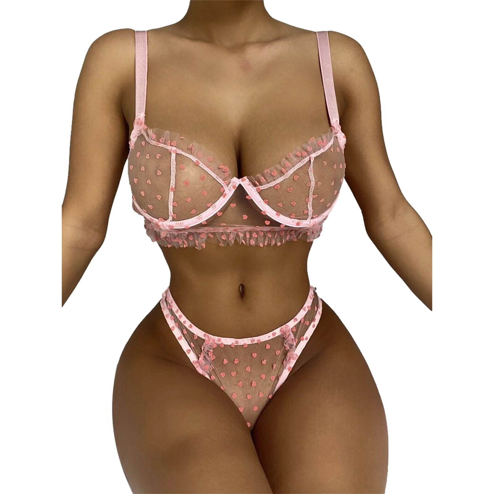 2 Pieces Sexy Lingerie Set Female Heart Patterns See-Through Brassiere+ Panties for Women S/M/L/XL