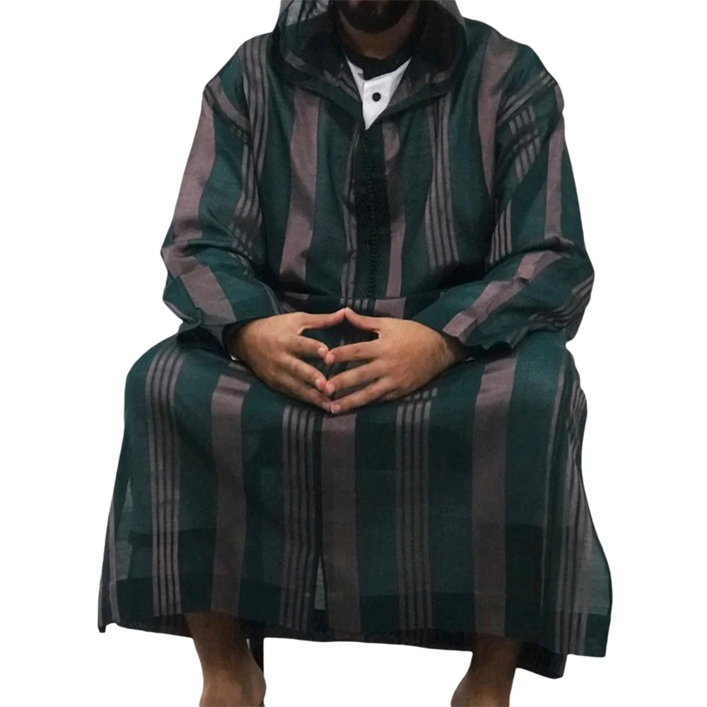 Douhoow Men Islamic Arabic Kaftan Muslim Jubba Thobe 2021 Loose Striped Long Sleeve Hooded Dubai Caftan Men Jubba Thobe M-4XL