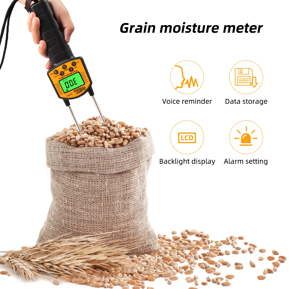 AR991 Grain Moisture Meter Digital Tester Hygrometer LCD Display Use For 14 kinds Crop Corn Wheat Rice Bean Wheat Flour Fodder