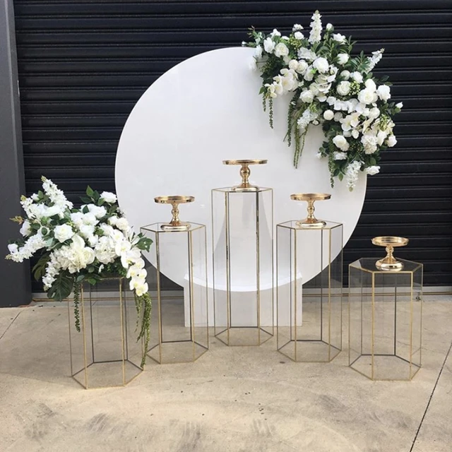 5pcs/set) wedding Acrylic Hexagon Acrylic clear Pedestal Plinth Stand Cylinder Pedestal Flower Display Stand For Wedding 268