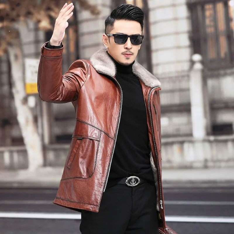 

First Layer Cowhide Leather Mens Mink Liner Winter Gray Lapel Casual Coat Jacket Clothes