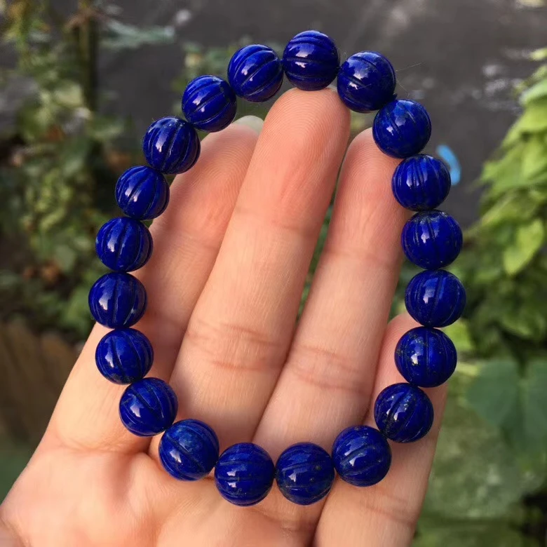 Genuine Natural Lapis Lazuli Royal Blue Gemstone 9mm Women Bracelet Carved Round Beads Men Fashion Stone AAAAAA