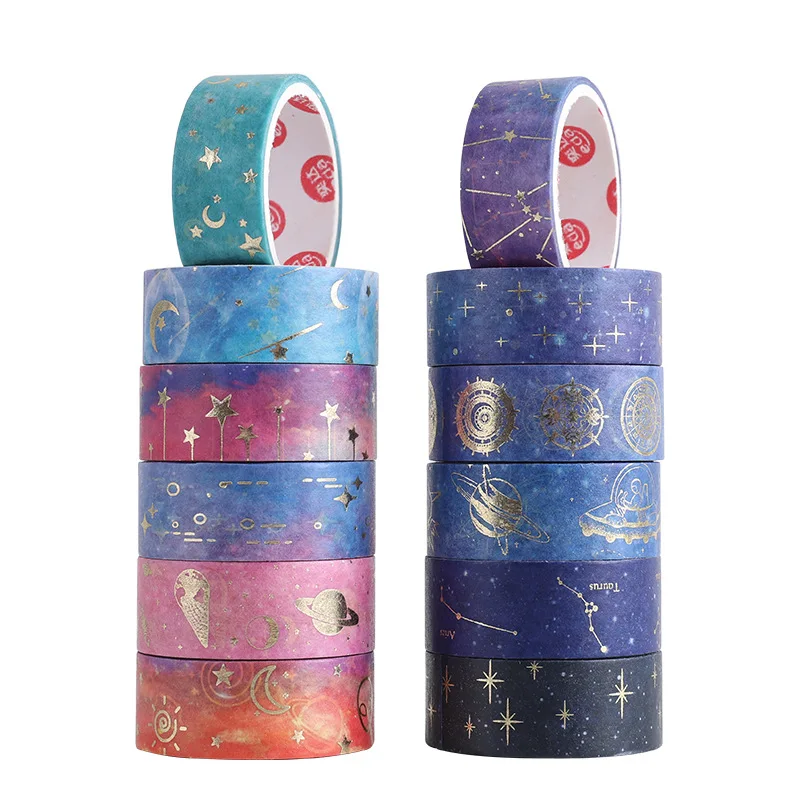 Juego de cintas Washi de noche estrellada, pegatinas adhesivas para decoración del hogar, constelación de galaxia, luna y estrella, 15mm x 2m, A6033, 12 unidades