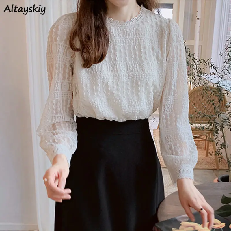 Blouse Women Elegant Embroidery Spring Long Sleeve French Style Vintage Office O-neck Feminine Tops White All-match Leisure New