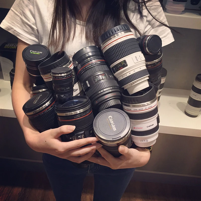 New Lens Camera Cup Travel Milk Juice Coffee Tea Glass Mug  Creative Cup Stainless Steel Brushed Liner Black Decoration Gift