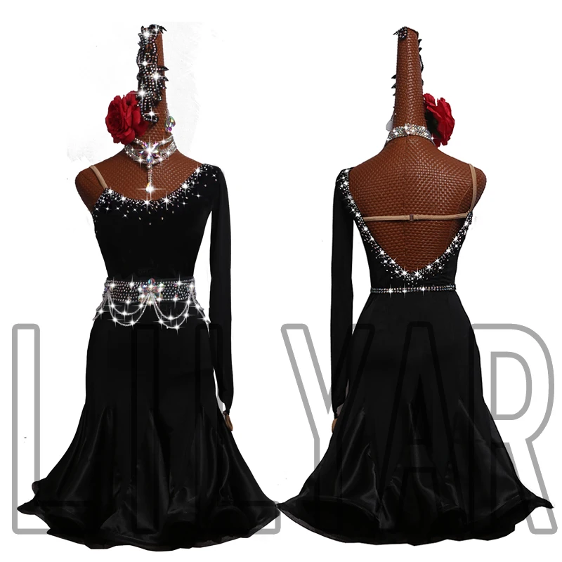 

New Latin Dress Performance Dress Adult CUSTOM BLACK Slant Shoulder Dance Dress