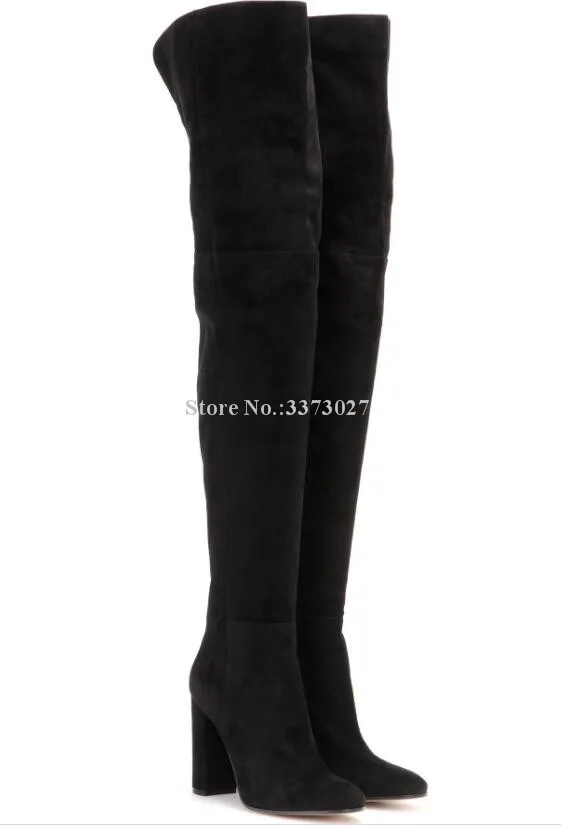 

Woman Black Velvet Chunky Heel Long Boots Fashion Round Toe Thigh High Boots Lady Large Size Over the Knee Boots