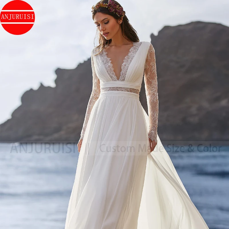 Robe de mariée en mousseline de soie plissée pour femmes, robe de mariée Boho, dentelle, ligne A, robe de plage sexy, surintendant de mariage, 2022