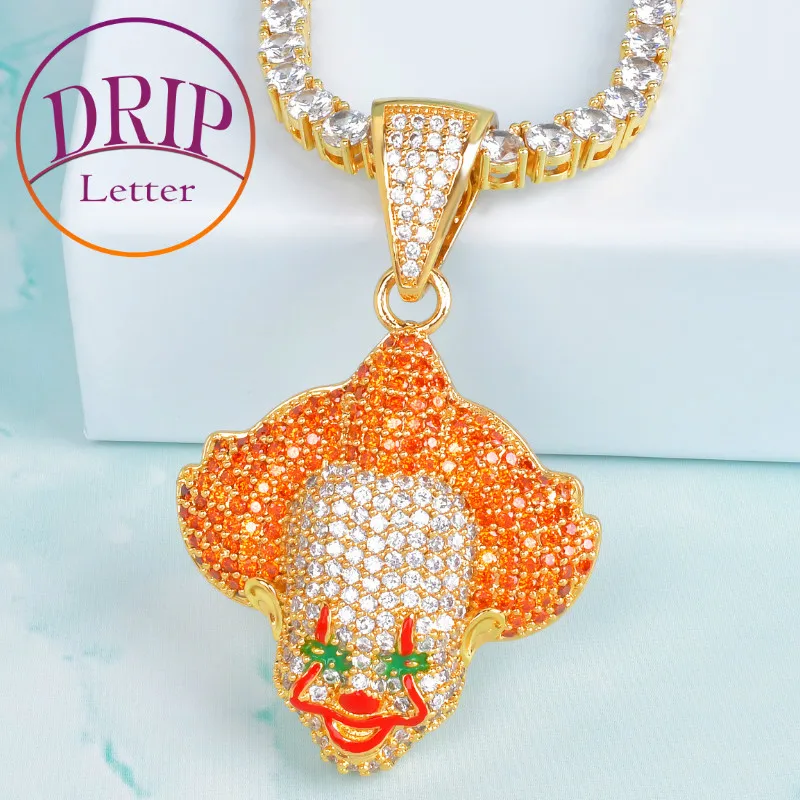 Orange Color Clown Pendant Bling Cubic Zircon Charm Men's Hip Hop Rock Jewelry