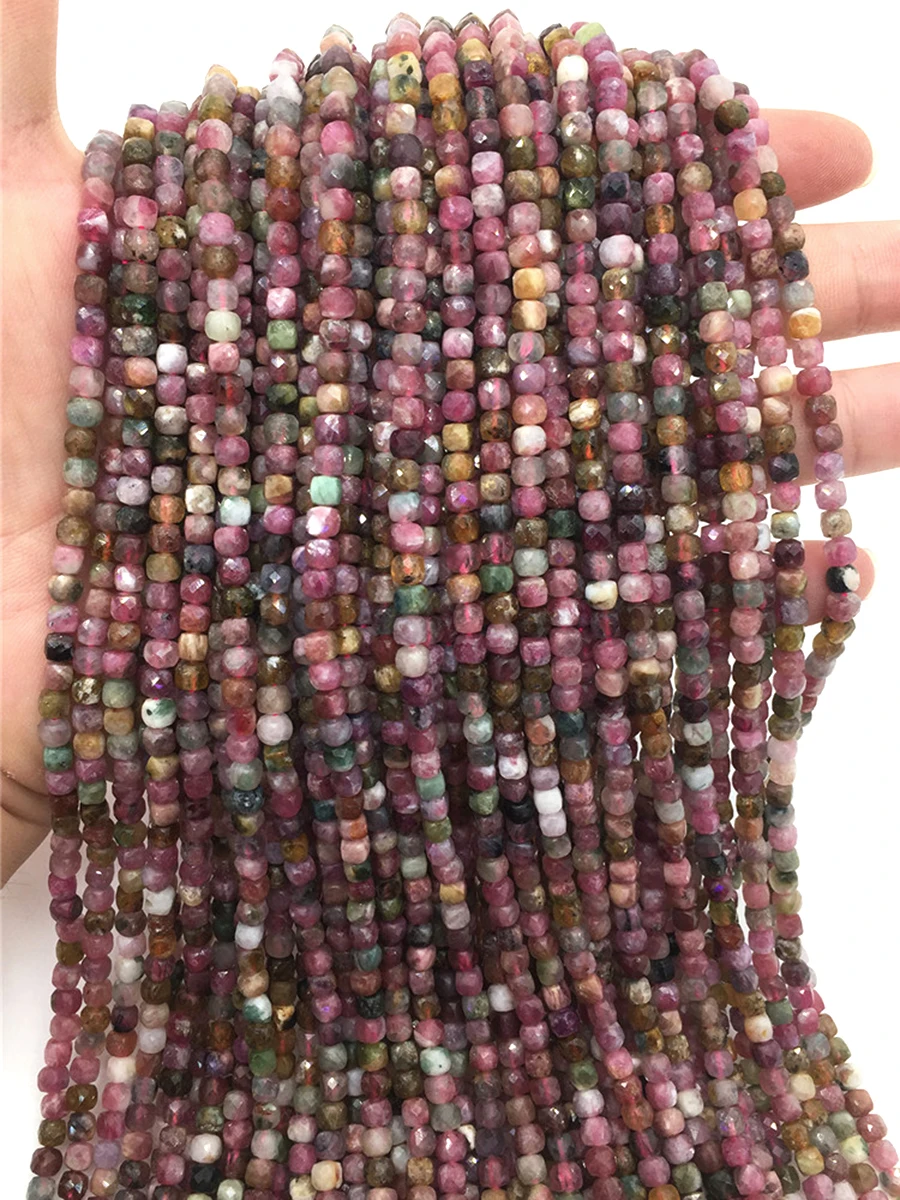 Natural Stone 4mm Colorful Tourmaline Handmade Faceted Cube Loose Beads For DIY Jewelry Making Bracelet Necklace