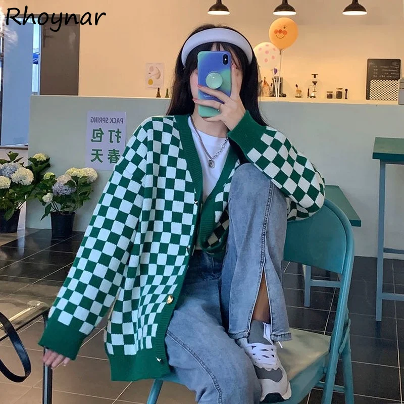 

Cardigan Women Plaid Sweater Autumn Long Sleeve V-neck Knitted Korean Daily Fashion Casual All-match Streetwear Harajuku Female