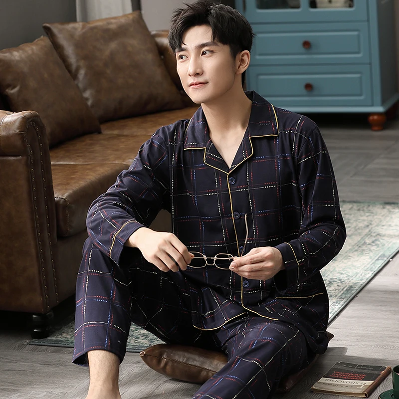Inverno pijamas de algodão homem pijamas azul escuro xadrez pijama homme coreano quente pijamas hombre invierno algodão homewear plus tamanho