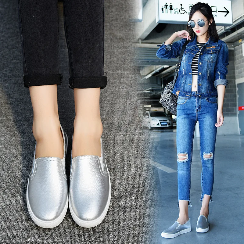 Women Flats Loafers Casual Leather Shoes Woman Loafer Slip-on Shoes for Women Moccasins High Quality Fashion Silver Female