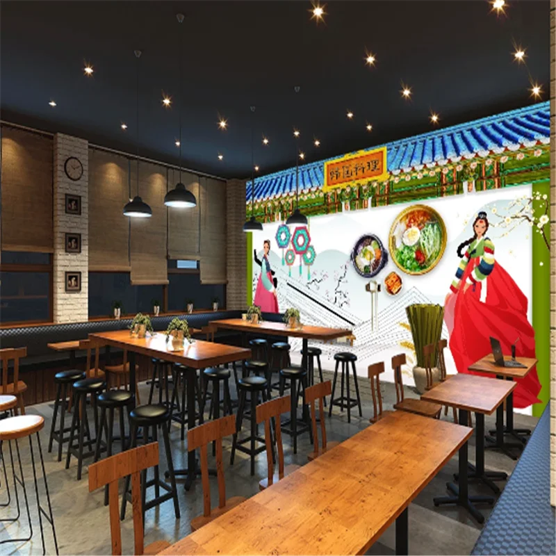 Custom Hand-Korean Theme Restaurant Landscape wall paper Korean style cuisine bbq Background Industrial Decor Mural Wallpaper 3D