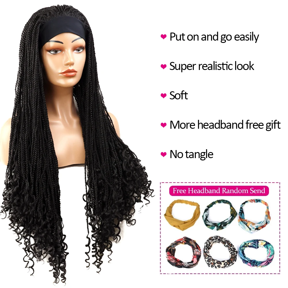 YunRong 34Inches Headband Wig with Curly Ends Senegalese African Braids Wigs Synthetic Cosplay Straight Turban Wig