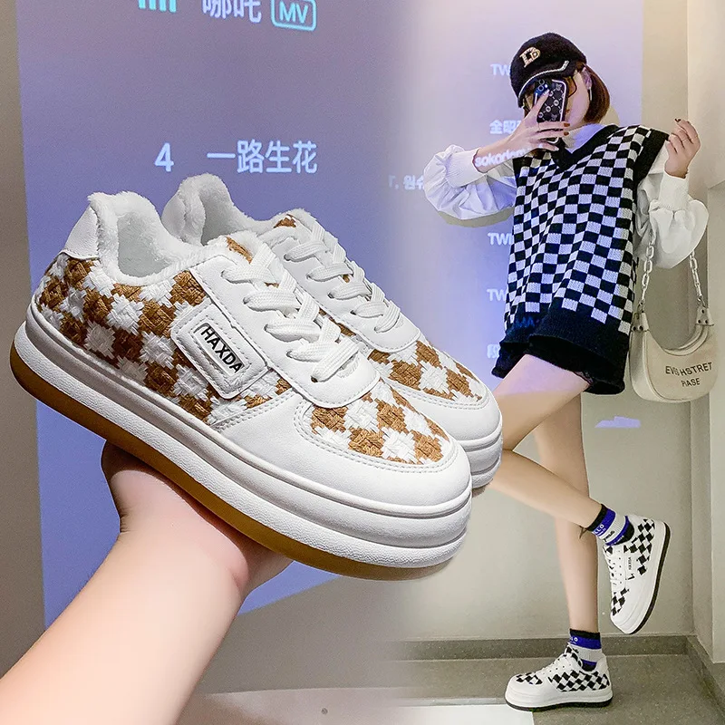 Net Red Small White Shoes Women's Plush 2021 New Winter Checkerboard Women's Board Shoes Thick Bottom Big Head Lefu Cotton Shoes