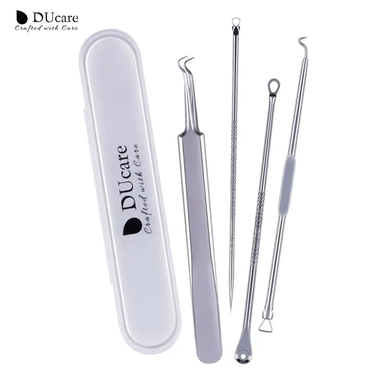 DUcare 4pcs/set Blackhead Comedone Acne Pimple Blackhead Remover Tool Spoon for Face Skin Care Tool Needles Facial Pore Cleaner