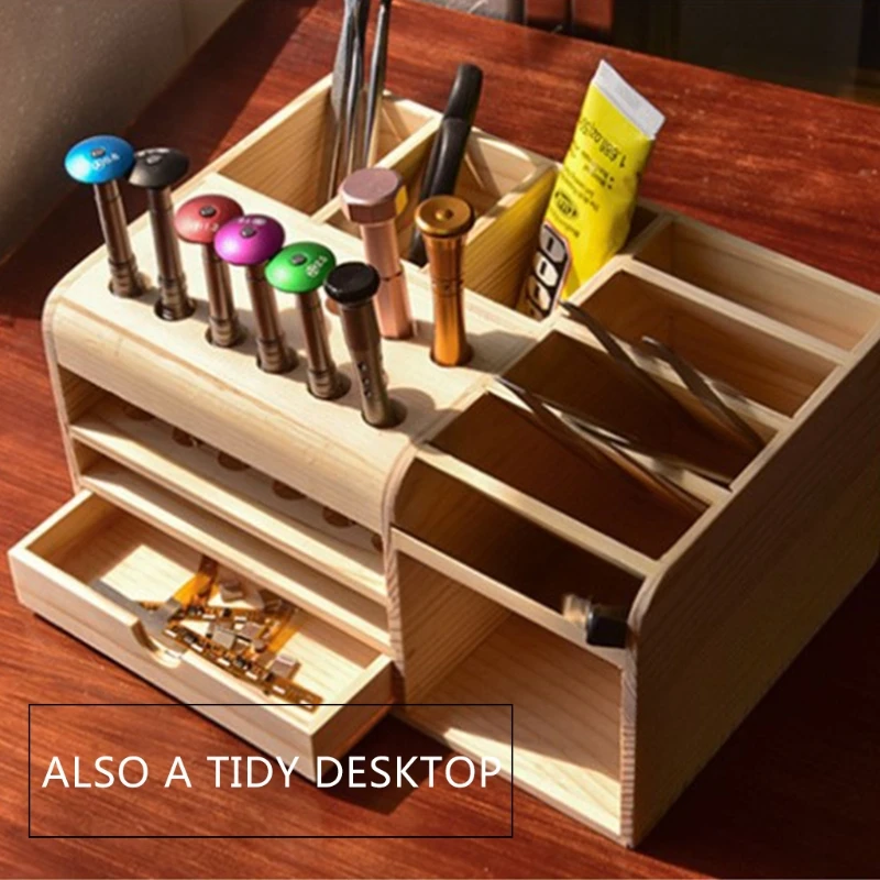 Tool Holder Wooden for Tweezers Screwdrivers Knives Rulers Compartment Storage Shelf Smartphone Remote Control