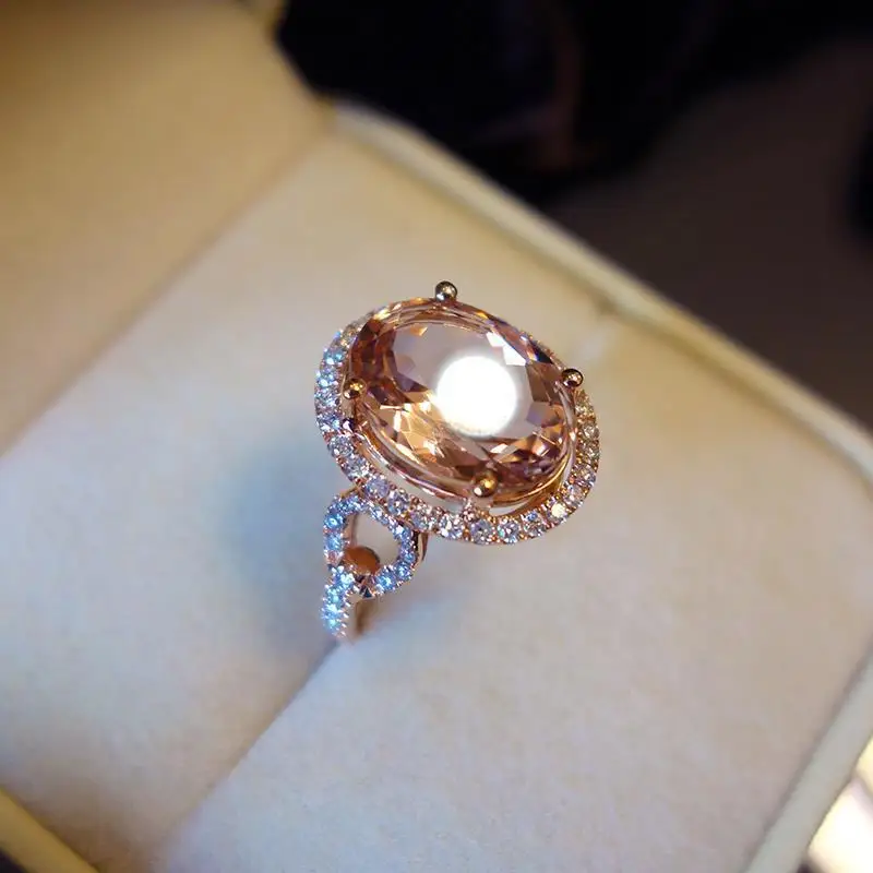 Shining oval gold powder crystal silver full of diamonds women's ring opening luxury exquisite wedding anniversary jewelry