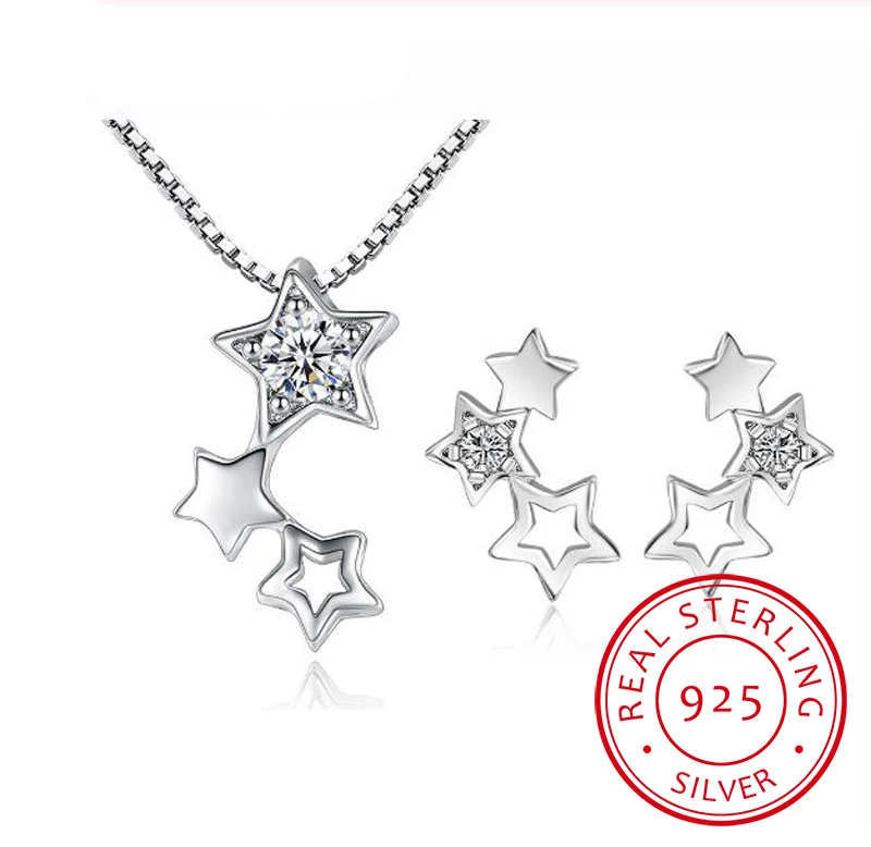 925 Sterling Silver Fine Jewelry Sets Simple Zirconia Star Necklace+Earrings Two piece set For Women Girl Gift