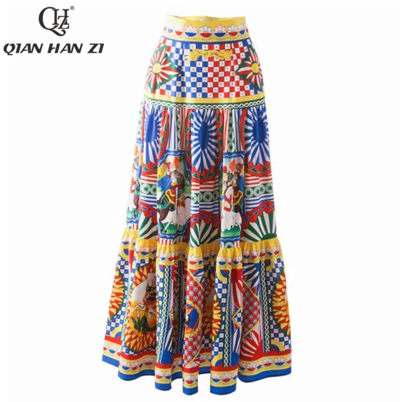 

Qian Han Zi designer runway fashion maxi skirt vintage amazing Pattern print Beach vacation long dress Women's New 2021