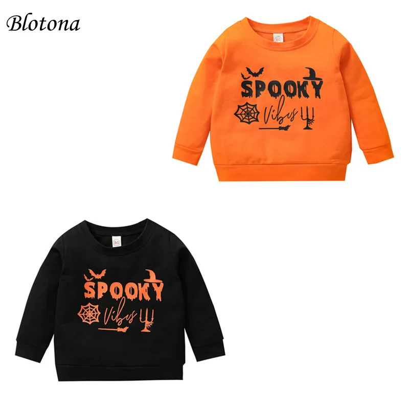 Blotona Little Girls Boys Halloween Letter Print Sweatshirt Autumn and Winter Long-sleeved Pullover Sweater Tops, 6Months-4Years