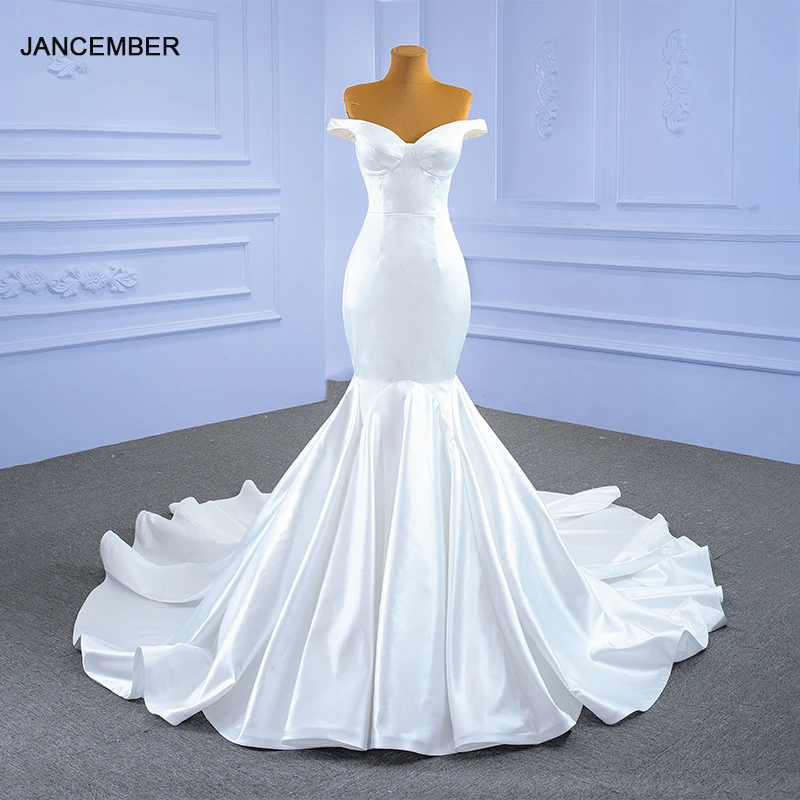 

J67299 JANCEMBER Simple Elegant White Wedding Dress Bride Dress Smooth Satin Backless Frill Trailing For Banquet Fishtail Dress