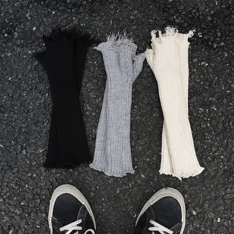 Tattered Punk Unisex Fingerless Cuff Knit Gloves Women Men Elbow Length Mittens Broken Cool Stretch Arm Warmer Black Gray Beige