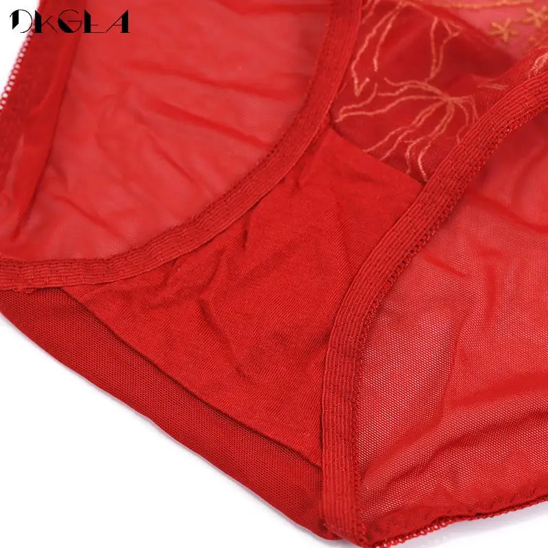 Retro Red Panties Sexy Women Intimates Underwear S M L XL Low-Rise Briefs Transparent Lace Gold Embroidery Underpant Bow Brown