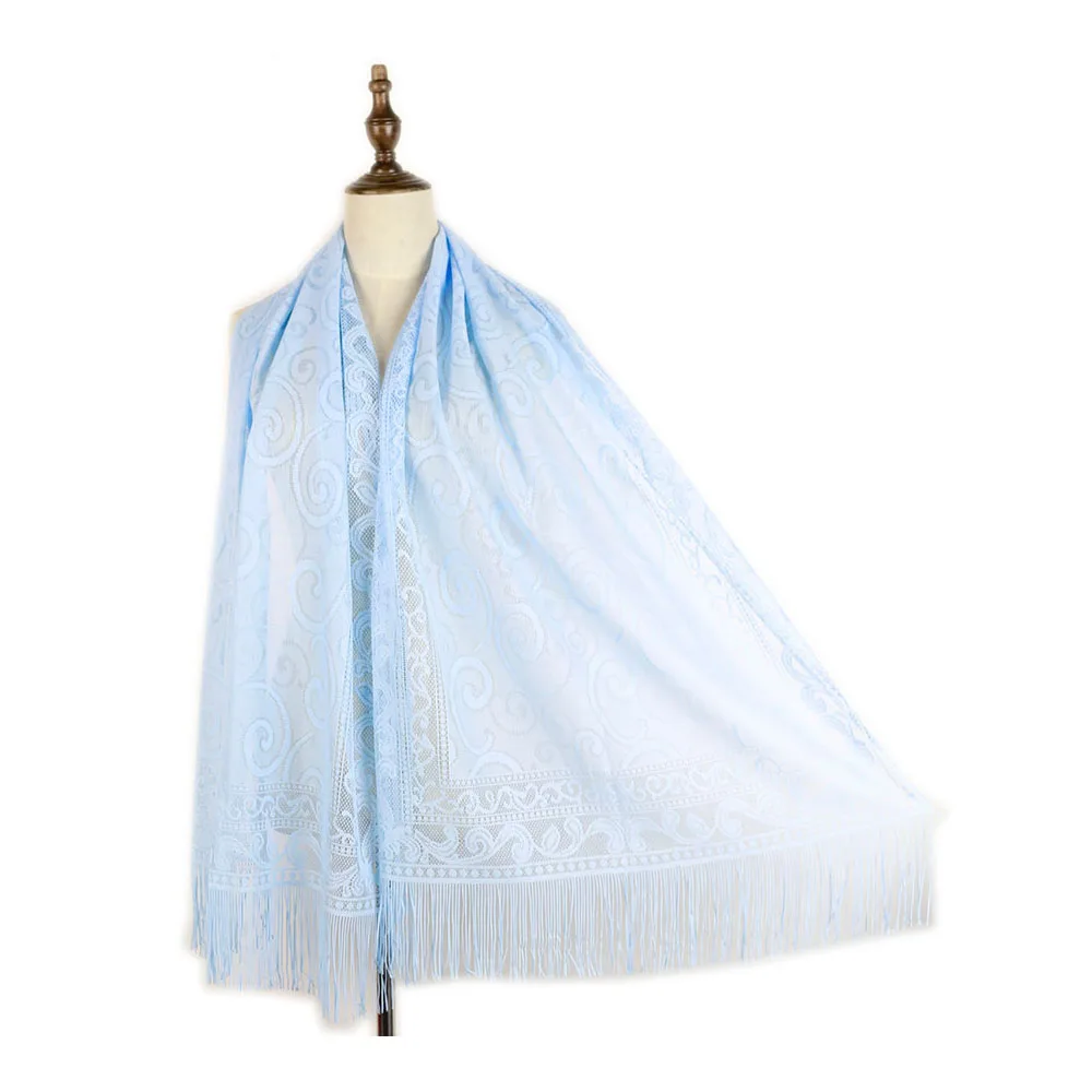 Long Lace Shawls See Through Beach Capes Wraps Summer Stoles Tassel Pure Color Muffler Hijabs Women