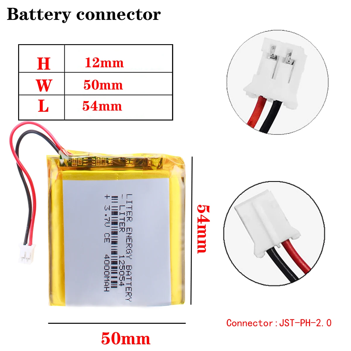 JST XHR 2.0mm 2pin 3.7V 4000mah 125054 litowo-polimerowa LiPo akumulator do Mp3 Mp4 Mp5 DIY