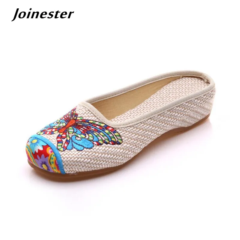 Women Canvas Slippers Embroidery Women\'s Slides Ethnic Style Leisure Slides Round Toe Casual Shoe Ladies Slip-on Beach Sandal