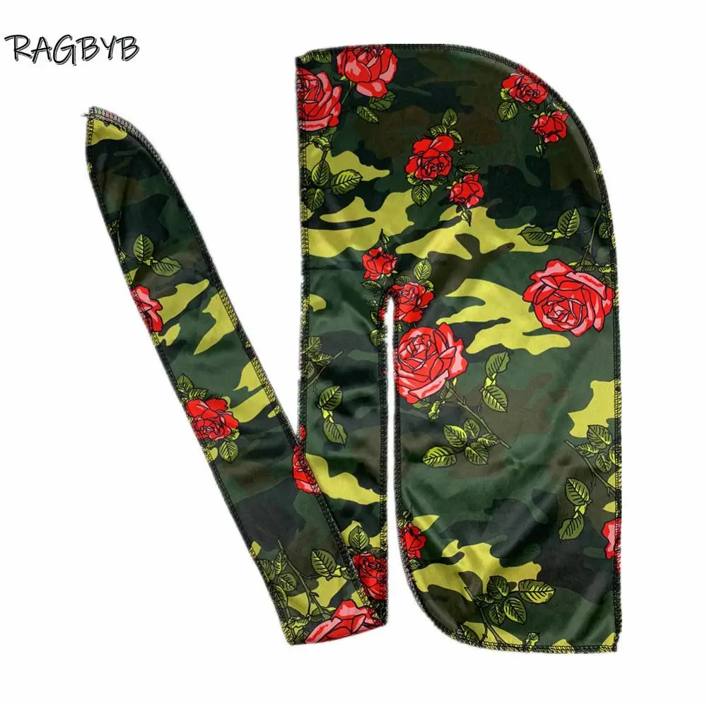 Nowy nadruk Camo jedwabne bandany Durag dla mężczyzn jedwabiste Durag długi ogon czapka z falą szalik na głowę damski kapelusz Headwrap Durag