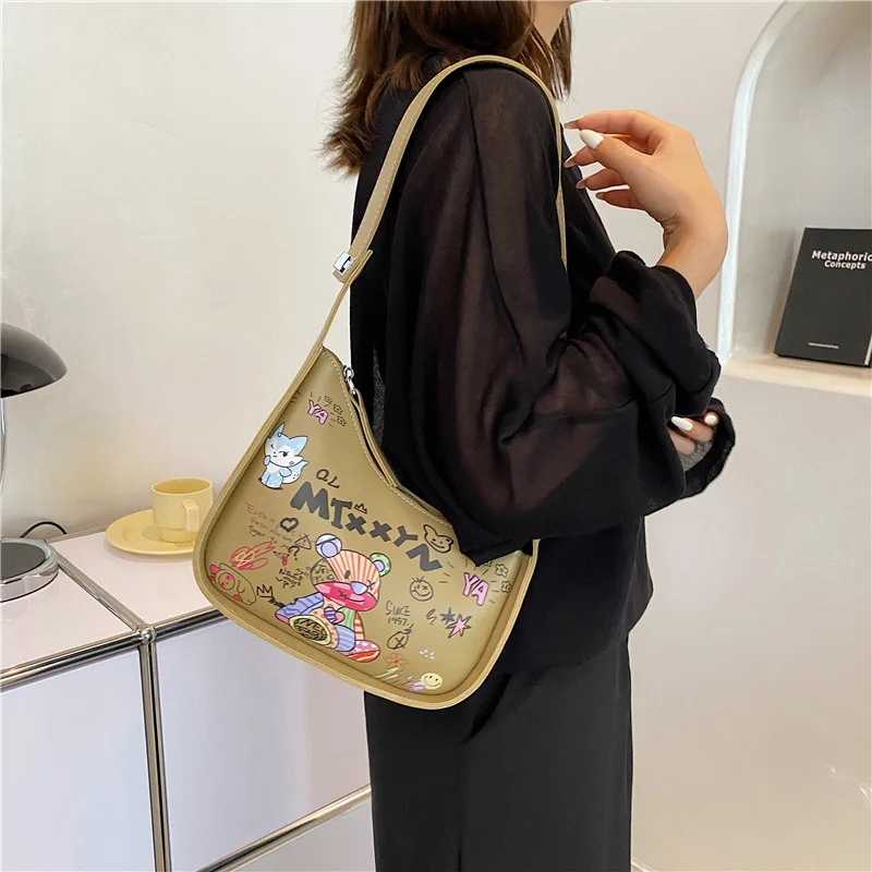 Cartoon Graffiti PU Leather Armpit Shoulder Bags For Women  2023 Fashion New Women\'s Designer Crossbody Bag Luxury Brand Handbag