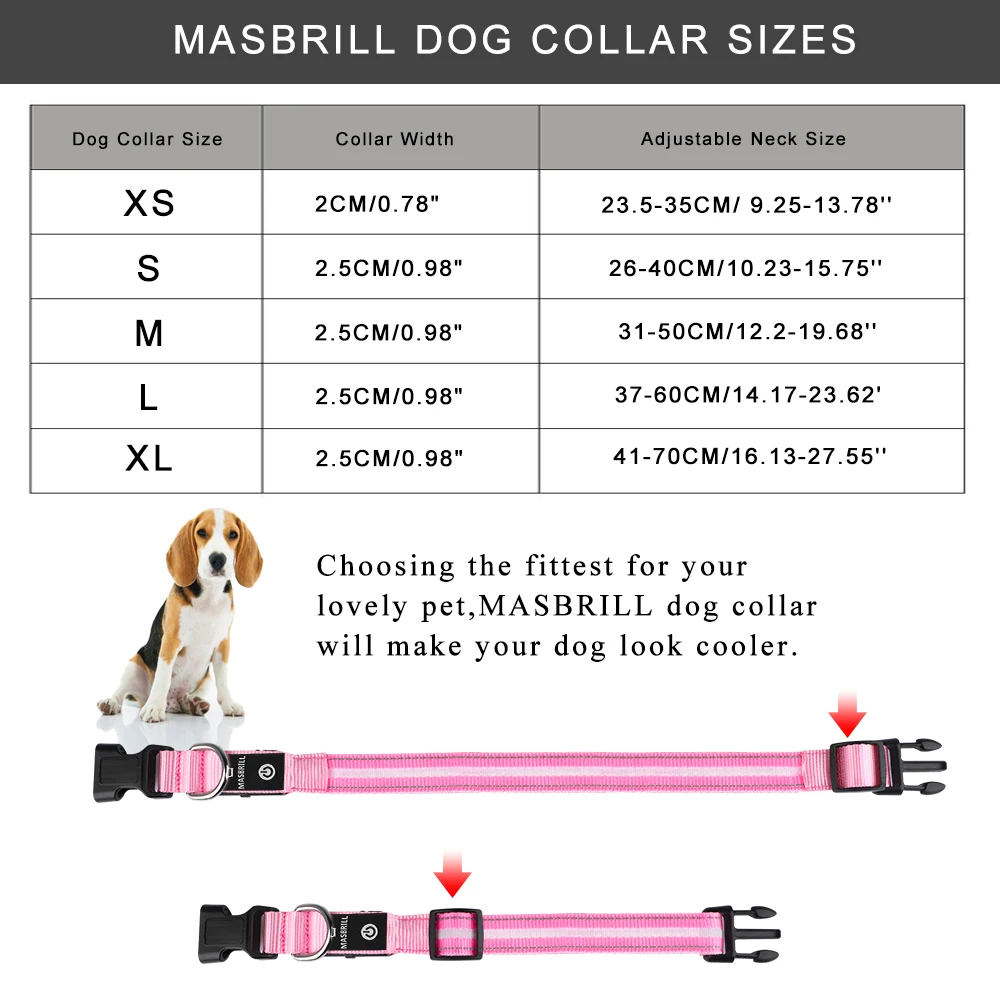 MASBRILL Light Up Dog Collar Waterproof USB Rechargeable Glowing Adjustable Night Safety Nylon Luminous LED Bright Pet Collars