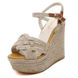 Summer Wedge Sandals Female New Straw Muffin Platform Platform Open Toe Heels Luxury Shoes Women Mujer Ankle Strap Rattan Grass