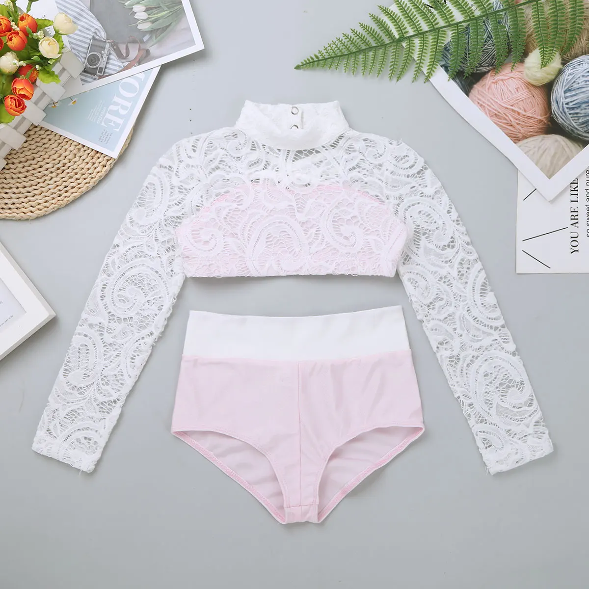 Kids Lace Long Sleeve Crop Top with Briefs Set Girls Two-piece Dancewear for Gymnastics Ballet Workout Stage Performance Costume