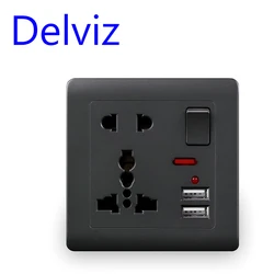 Delviz EU Standard USB Wall Socket, Grey switch control outlet,2A Dual USB charging, AC 110~250V 13A Universal jack Power socket