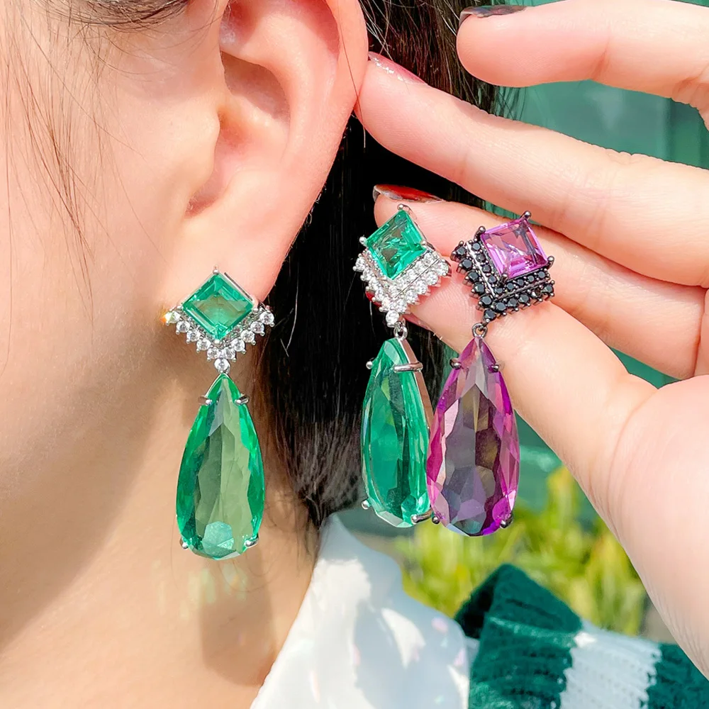 

CWWZircons Fancy Big Dop Dangle Green CZ Zircon Crystal Earrings for Women Silver Plated Cocktail Party Fine Jewelry Gift CZ123