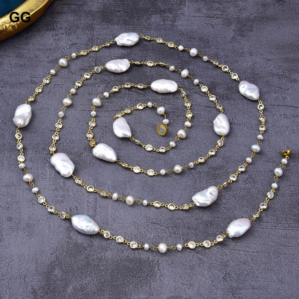 GuaiGuai Jewelry 65'' Natural White Keshi Pearl Crystal Gold Color Plated CZ Chain Long Necklace For Women