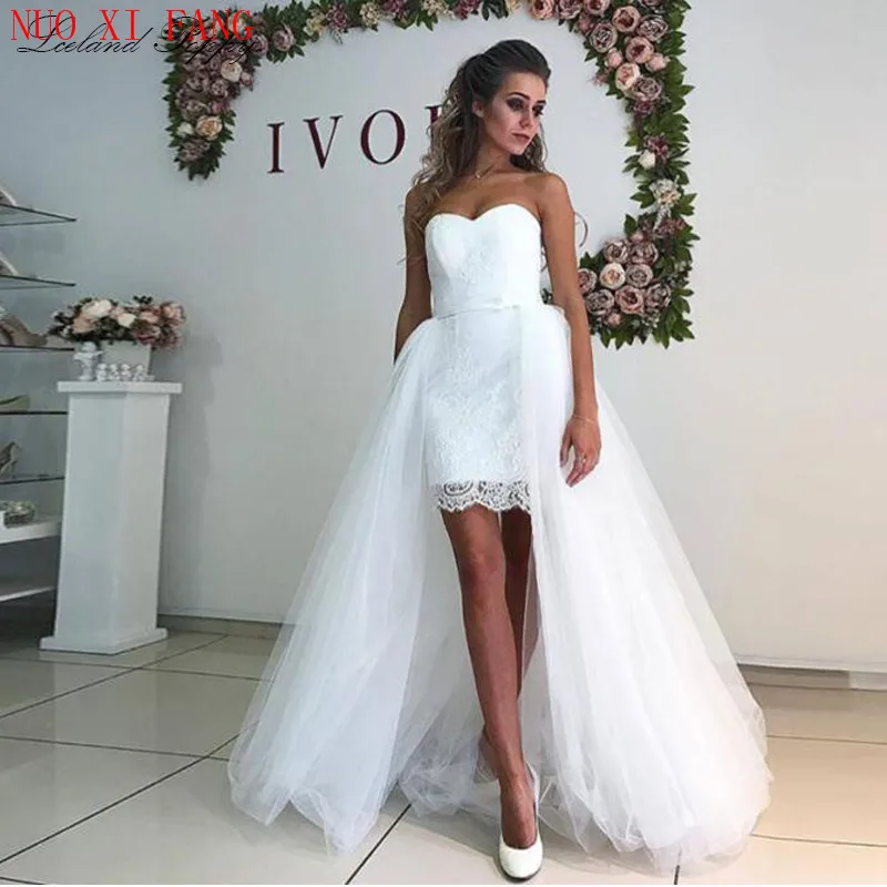 Eenvoudige Schede Kant 2 In 1 Strand Trouwjurken 2022 Strapless Mouwloze Afneembare Train Tulle Knielengte Bridal Dress